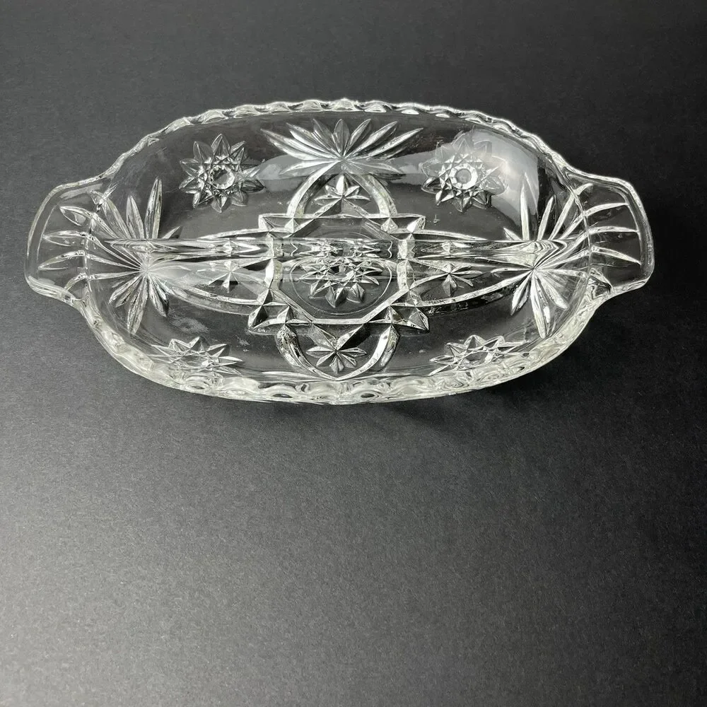 Vtg Anchor Hocking Glass Oval Divided Relish Dish Star of David Tablescape Decor